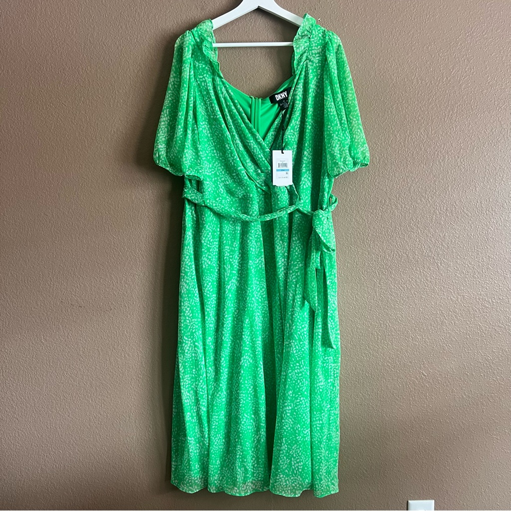 Dkny Faux Wrap Green Midi Dress With Belt Size 20w Nwt
